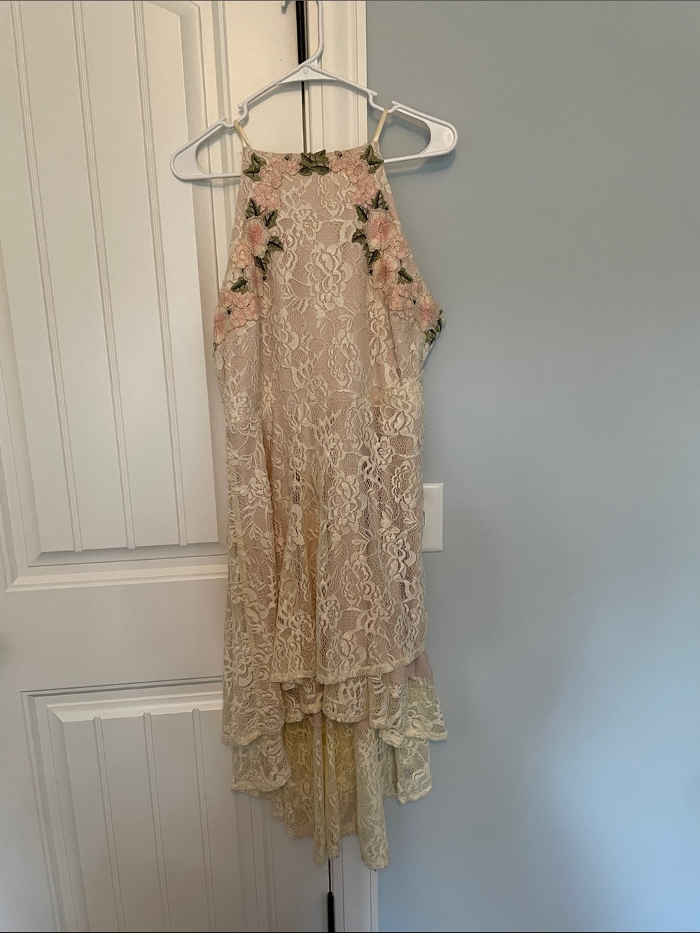 City Triangles Lace High-Low Dress in Cream and Blush with Green Floral Accents